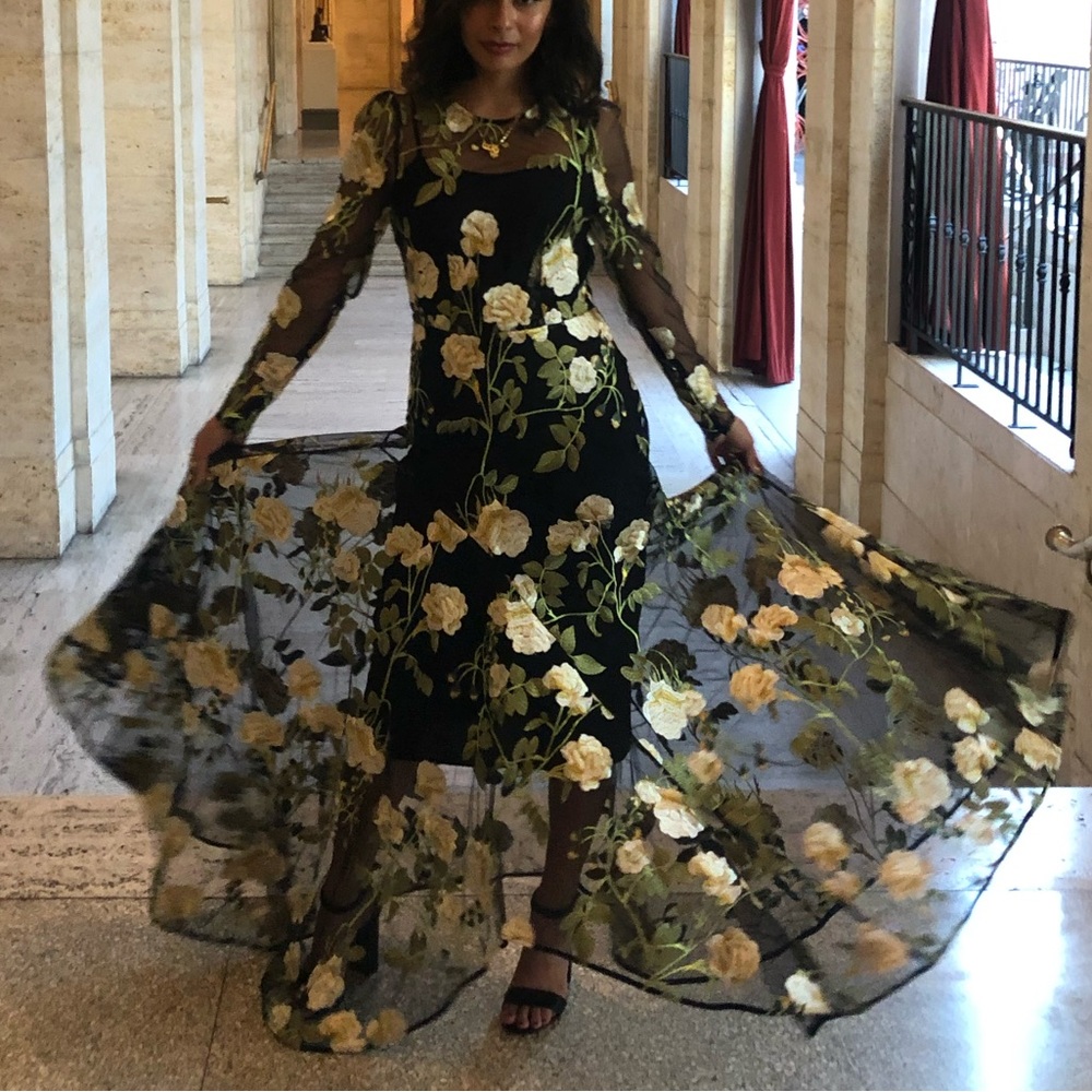 ASOS Black Long-Sleeve Floral Overlay Dress with Yellow Roses
